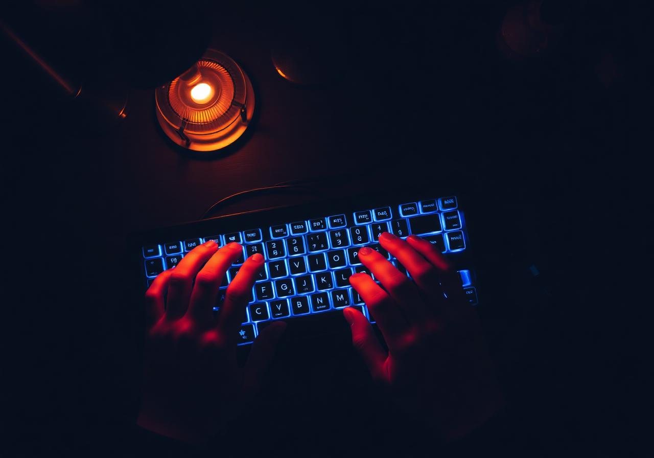 Engineer writing code on a backlit keyboard