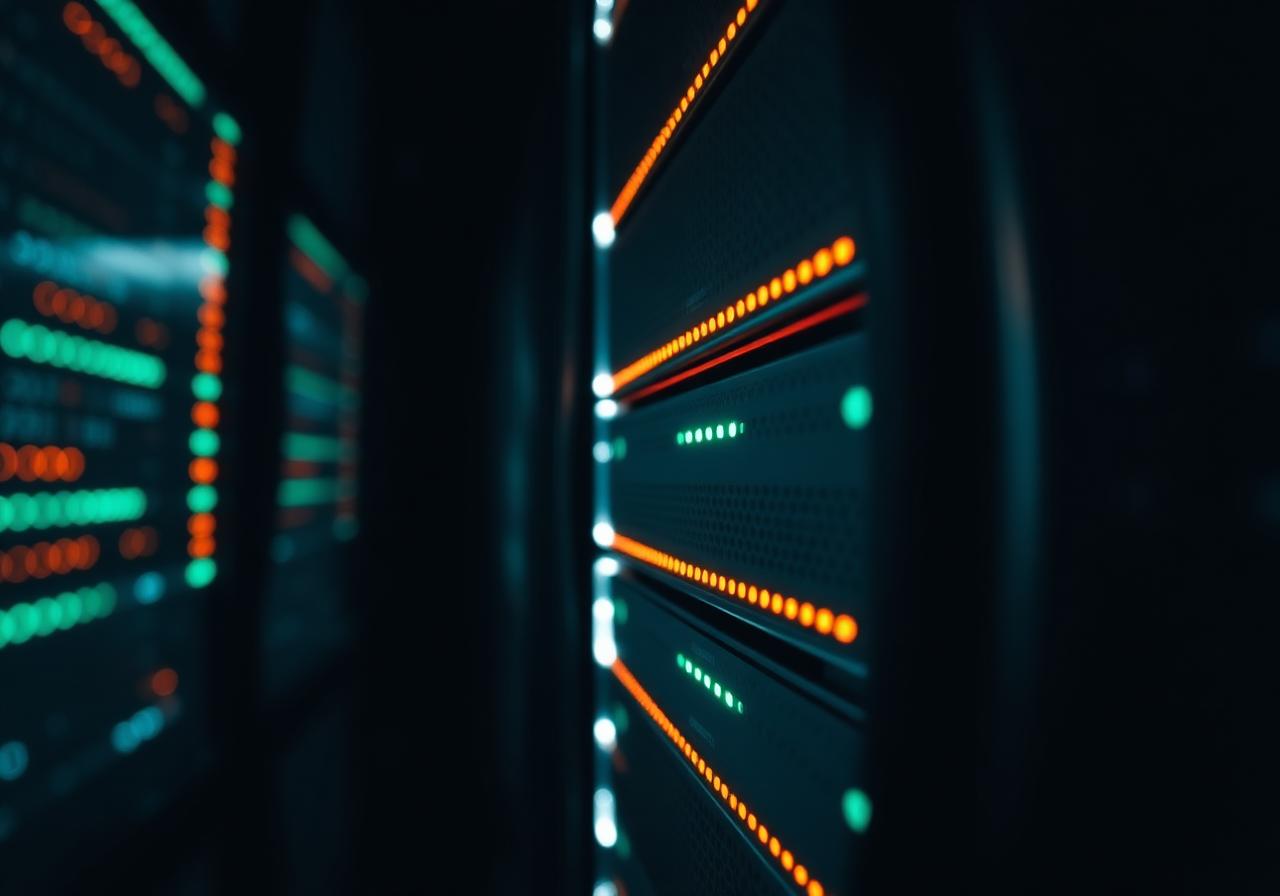 Server racks lit by amber and teal indicator lights