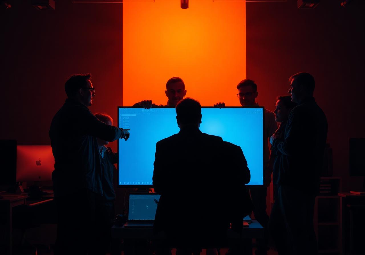 Engineering team collaborating around a screen